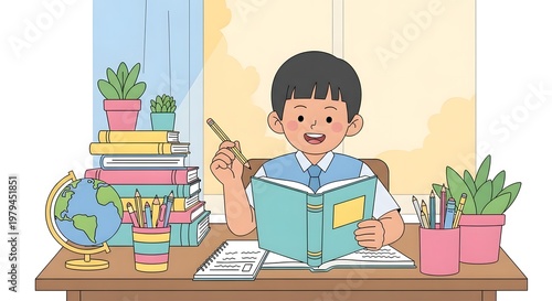 Cute Indonesian child studying at desk, reading book and writing, focused and happy expression, school supplies around, bright and inspiring atmosphere, soft pastel colors, flat vector style, educatio