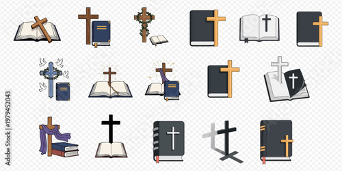 Collection of Christian religious icons featuring Bibles and crosses in various styles, symbolizing faith and spirituality.