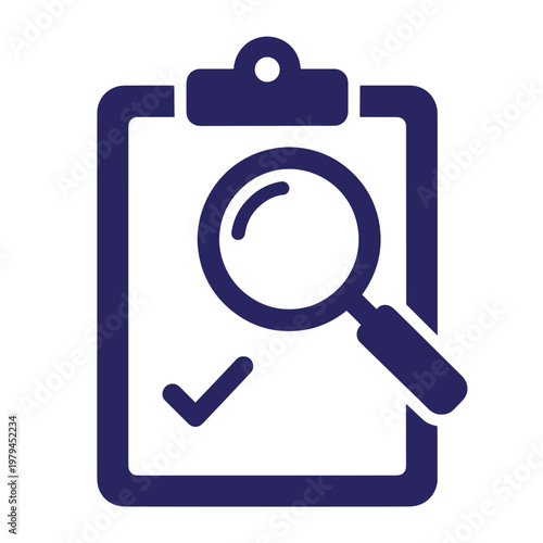 Dark blue clipboard with magnifying glass and checkmark white background