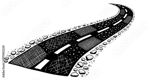 Curving Road Illustration with Textured Surface and Water Droplets.