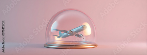 Minimal 3D concept of protected and restricted travel. Airplane under glass dome symbolizing isolation, control, limitation and aviation safety. banner 