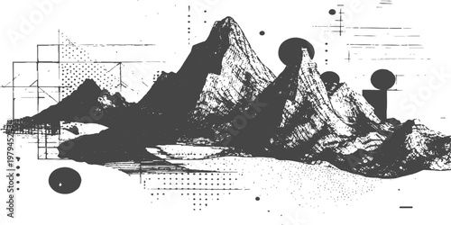 Abstract a monochrome mountain landscape infused with geometric elements and abstract patterns, creating a unique blend of nature and design, evoking a sense of exploration and artistry.
