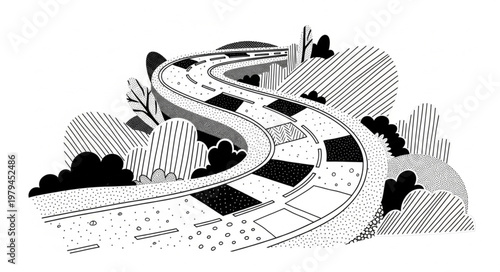Curving Road Through Trees and Hills Illustration.