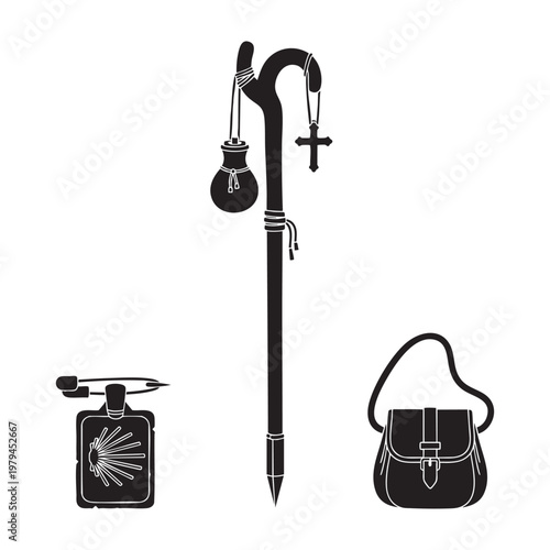 Medieval Pilgrim Icons Pilgrim Staff Badge Scrip Bag Silhouette Vector Set