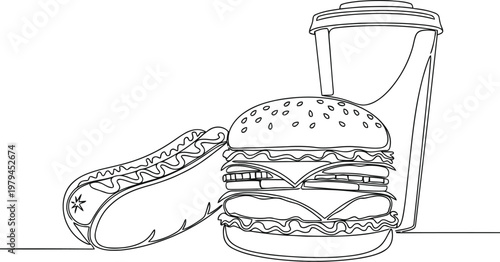 A simple continuous line drawing illustration of a fast food meal with a burger hotdog and drink