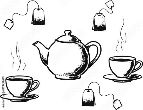 A collection of hand drawn sketch illustrations featuring a teapot, teacups and various tea bags
