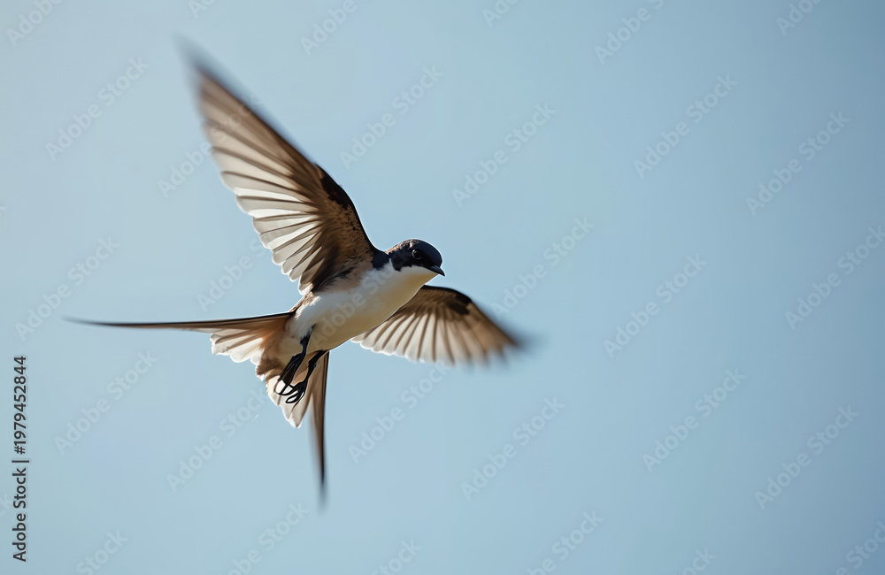 Obraz premium swift bird with outstretched wings flies against clear blue sky. Bird in mid flight shows detailed feathers and forked tail. Wildlife creature soars gracefully in open air during daytime.