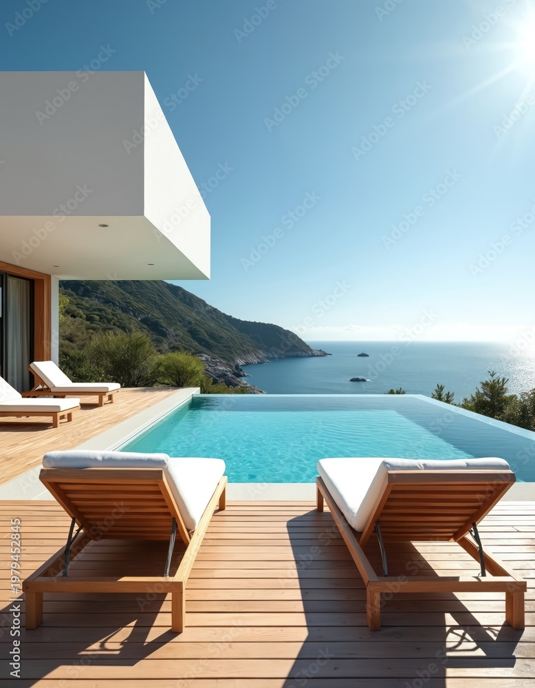 Fototapeta premium Modern luxury villa with infinity pool overlooking ocean. Sun loungers on wooden deck invite relaxation under sunny clear sky. Coastal mountains frame serene sea view.