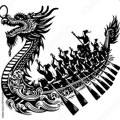 Traditional Chinese dragon boat with rowers silhouette