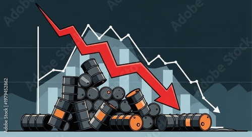 Oil barrels and falling stock market graph with red arrow.