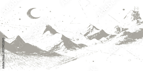 Abstract a serene mountain landscape under a twilight sky, moon casts a gentle light over the rugged terrain, creating a sense of peace and wonder.