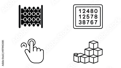 The Essence of Calculation: A collection of simple images representing the core of calculation, featuring an abacus, numerical grid, touch gestures and 3D cube.