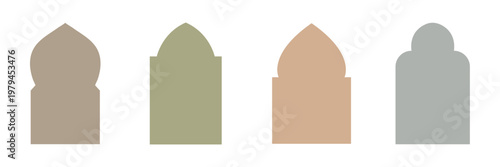 Old mosque windows shape in oriental style. Islamic door set, flat Arabic frames or Arabian arches silhouette. Muslim architecture geometric design elements, Moroccan minimal arcs. Ramadan Kareem gate