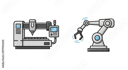 Industrial robot arm and CNC machine illustration.
