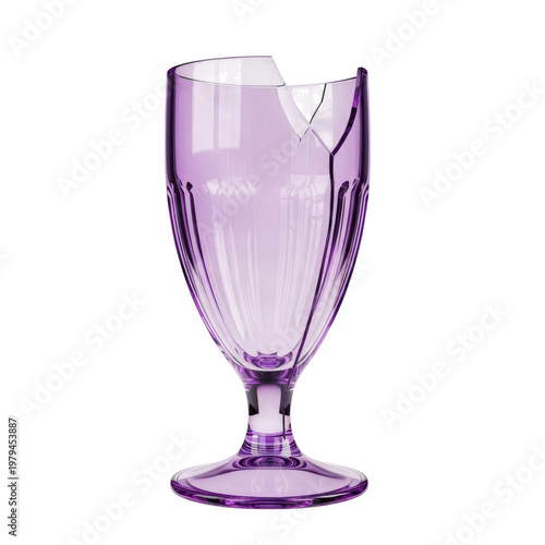 Broken purple glass goblet isolated on white background with chipped rim