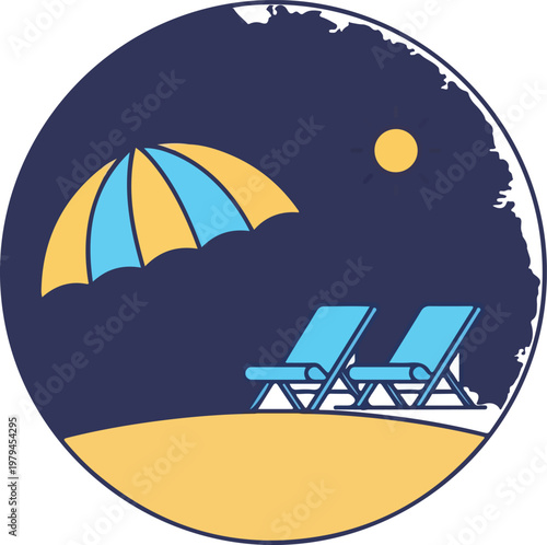 Beach chairs under a parasol.