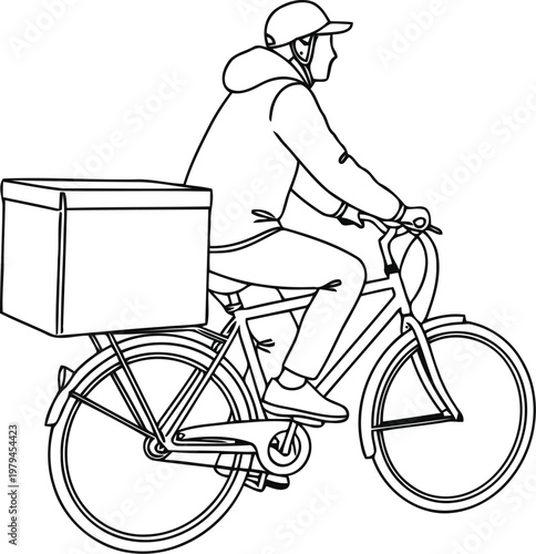A simple black and white line drawing of a delivery person riding a bicycle with a large box