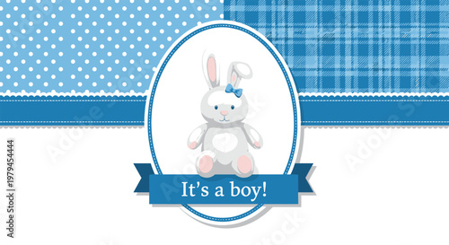 Baby announcement card for a boy with a cute white rabbit character on a blue polka dot and checkered background.