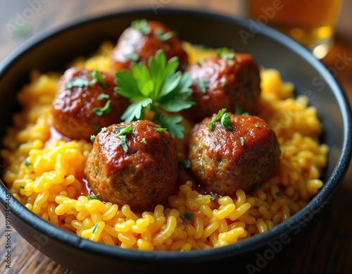 Meatballs in tomato sauce served on yellow rice with parsley garnish in bowl. Delicious meal, perfect for dinner, food bloggers, cookbooks, or restaurant menus.