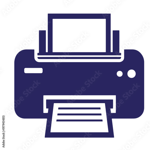 Dark blue flat of a desktop printer with a sheet of paper feeding in from the and a printed document exiting from the front slot, isolated on a white background