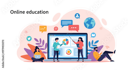 Online education concept with diverse people studying and working on a laptop with various learning and social icons.