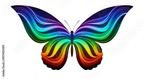 A vibrant rainbow-colored butterfly spreads its colorful wings in a natural setting.
