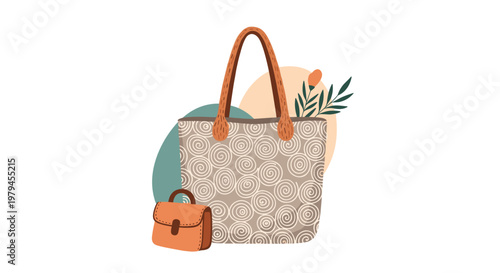 Stylish patterned tote bag and a small brown leather purse are arranged with green leaves on a soft background.