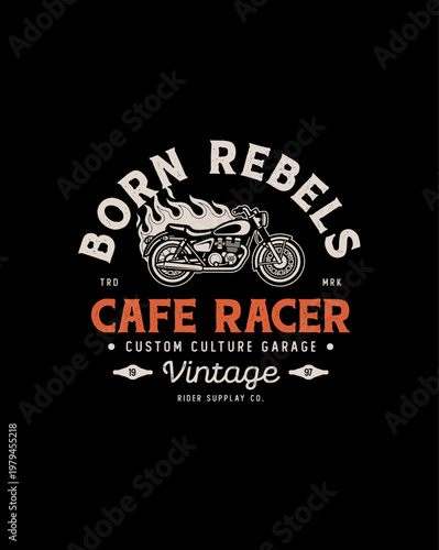 Vintage Cafe Racer Motorcycle with Flames Emblem.