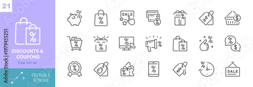 Discounts and Coupons Vector Icons Set. Sale, Shopping Deals, Promo Codes and Retail Offers. Isolated Editable Stroke Linear Collection.
