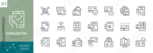 Cashless Payment Vector Icons Set. Digital Wallet, Online Banking, Credit Card and Mobile Pay Transactions. Isolated Editable Stroke Linear Collection.
