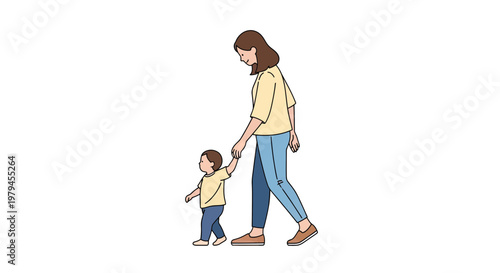 Mother Holding Hands with Her Toddler Son while Walking Together, Minimalist Vector Illustration of Parent and Child Bond