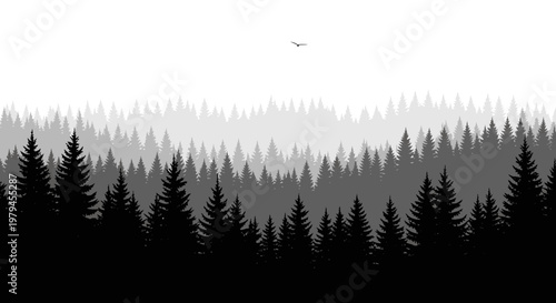 Monochrome Minimalist Pine Forest Landscape Vector Illustration with Layered Silhouette and Bird