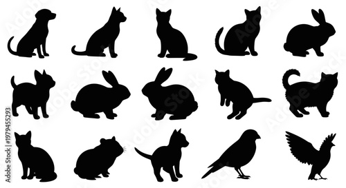 Set of black pet animal silhouettes isolated on white background, including dog, cat, kitten, puppy, rabbit, bunny, hamster, and birds for logo and graphic design