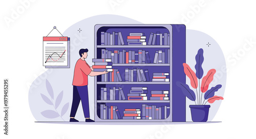 Young man organizes books on a large purple shelf in a library or home office with a chart hanging on the wall.