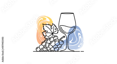 Elegant wine glass next to a bunch of grapes and a leaf with colorful abstract shapes behind in a minimalist line art style.