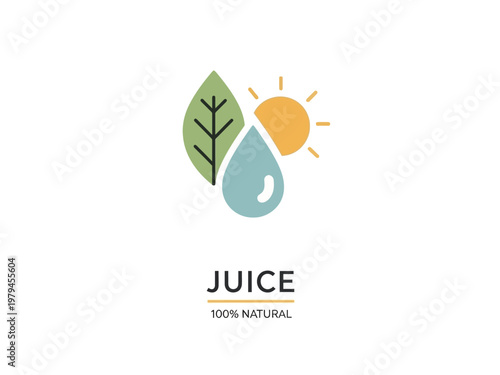 Fresh and Natural Juice Icon with a Leaf, Water Drop, and Sun - A Symbol of Healthy Living and Organic Products