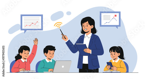 Smiling female teacher explaining a lesson to a group of young students using technology and interactive charts in a classroom.