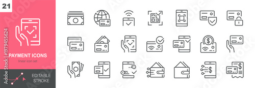 Payment Icons Vector Set. Digital Finance, Mobile Banking, Credit Card and Secure Transaction Symbols. Isolated Editable Stroke Linear Collection.
