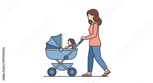 Young Mother Walking and Pushing Infant in Blue Baby Stroller, Vector Illustration of Woman Parenting and Caregiving with Newborn in Pram