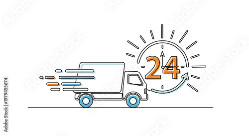 Fast delivery truck in motion with a large twenty-four hour clock symbol representing around the clock logistics services.
