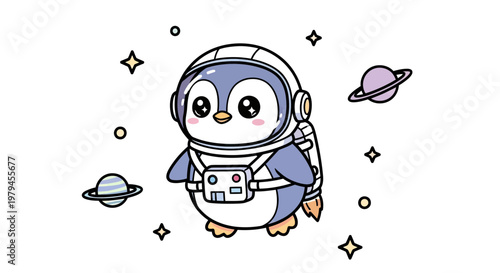 Cute Kawaii Penguin Astronaut Floating in Outer Space with Planets and Stars, Vector Cartoon Character Illustration