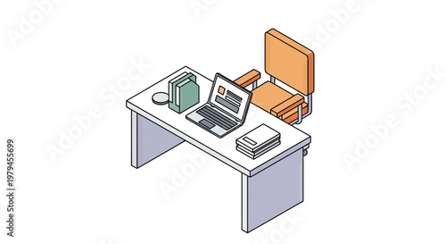 Modern isometric office workspace illustration featuring a laptop, ergonomic chair, and organized desk accessories for remote work and productivity