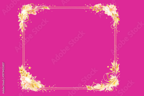 A beautiful and luxurious design element featuring a gold floral frame on a vibrant pink background