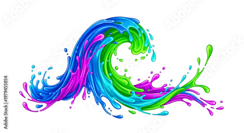 Vibrant colorful wave splashing with paint droplets in motion freely