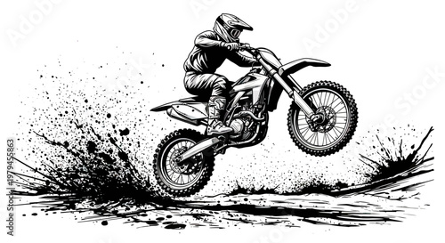 Motocross Rider on Dirt Bike Illustration, Extreme Sports Action Scene with Mud Splatter Effect