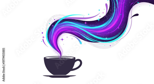Vibrant purple steam rises from a dark cup in a colorful swirl.