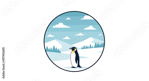 Emperor Penguin Standing in Arctic Snow Landscape with Mountains, Flat Vector Illustration Badge