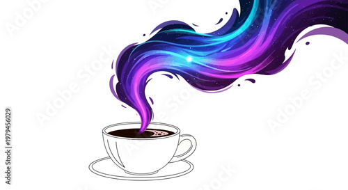 Vibrant purple steam rises from a white coffee cup on a saucer indoors
