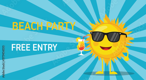 Colorful beach party announcement poster featuring a happy sun wearing sunglasses and holding a tropical cocktail drink.