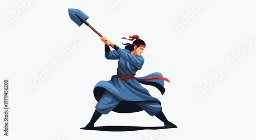 Determined warrior character in traditional blue clothing wielding a large shovel as a weapon in a dynamic action pose.
